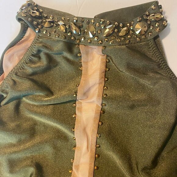 Custom solo dance costume leotard embellished olive green gold rhinestone SA - Picture 12 of 13